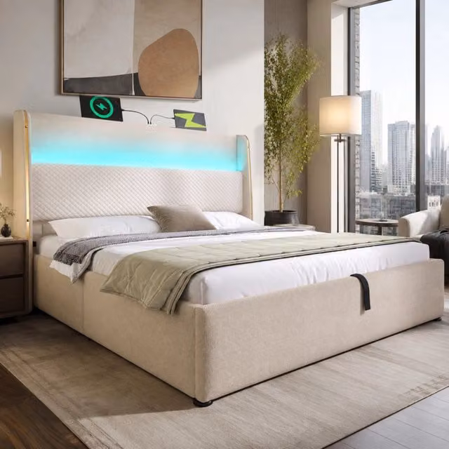 Letto contenitore 160 × 200 cm con testiera alta, LED, USB e Type-C, senza materasso, beige
