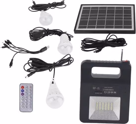 Centrale Elettrica Portatile con Pannello Solare, Generatore con Batteria, Altoparlante FM e Caricabatteria USB, Colore Nero