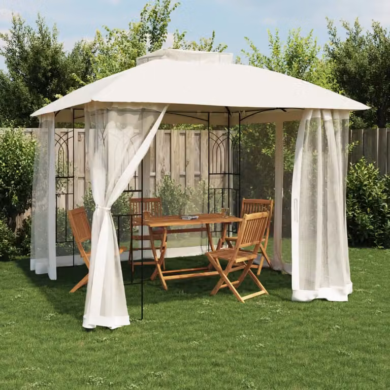 Gazebo vidaXL con tetto curvo doppio e pareti con finestre, Acciaio e Poliestere, Beige e Antracite, L/P: 294 x 294 cm, H: 270 cm