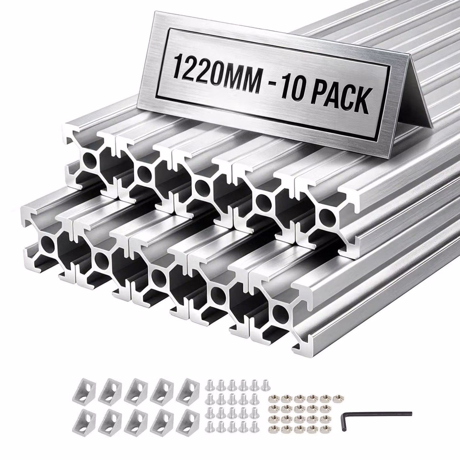 Profilo in alluminio 2020 - Distanziatori a T in alluminio - 10 pezzi - Lunghezza 122 cm - Standard europeo - Profilo estrudato ad alta resistenza - Per montaggio di stampanti 3D, banchi da lavoro CNC - Argento