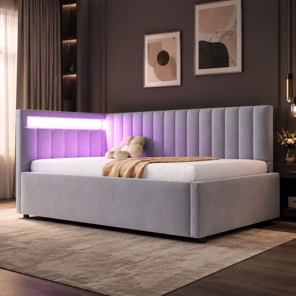 Letto imbottito MODFU con contenitore idraulico e illuminazione LED in velluto grigio L/P: 90 x 200 cm – 2