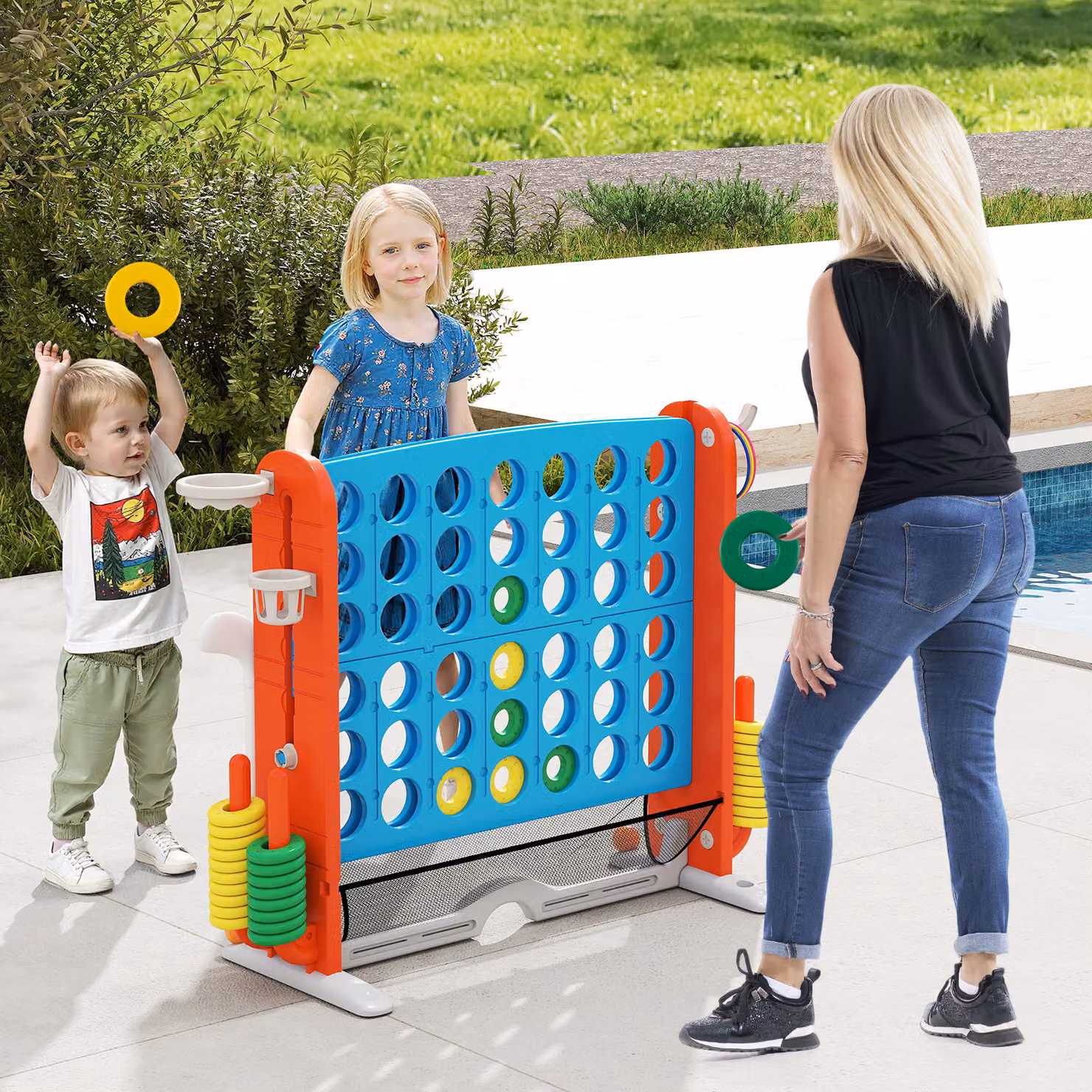 Set di gioco 4 in fila jumbo con lancio anelli, canestro basket e golf Costway, regolabile in altezza, Blu e multicolore con borsa per il trasporto