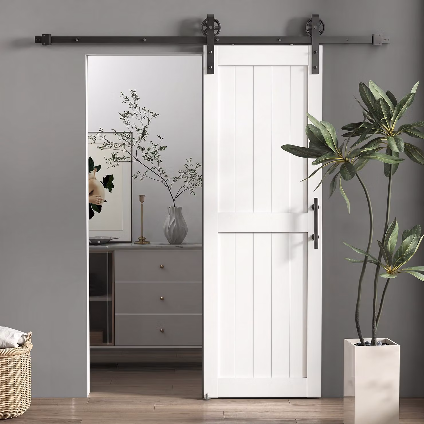 Porta Scorrevole in Stile Country HOMCOM con Binario e Maniglia in Legno e Acciaio, L: 71,5 cm, H: 213,4 cm, Bianco e Nero – 2