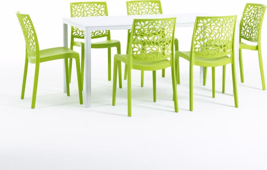 Set da pranzo per esterni con tavolo rettangolare 156x78 cm e 6 sedie impilabili in resina rinforzata con fibra di vetro - design moderno in look legno, ideale per giardino, terrazza e aree esterne coperte - THOMAS+ANNA - Lime/Bianco