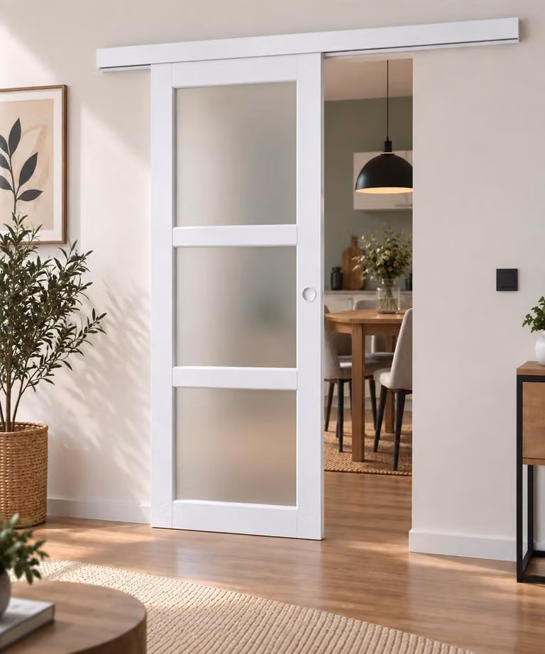 Porta scorrevole Kenya bianca con vetro H204 x L93 cm, binario in alluminio bianco, conchiglie bianche per GD MENUISERIES