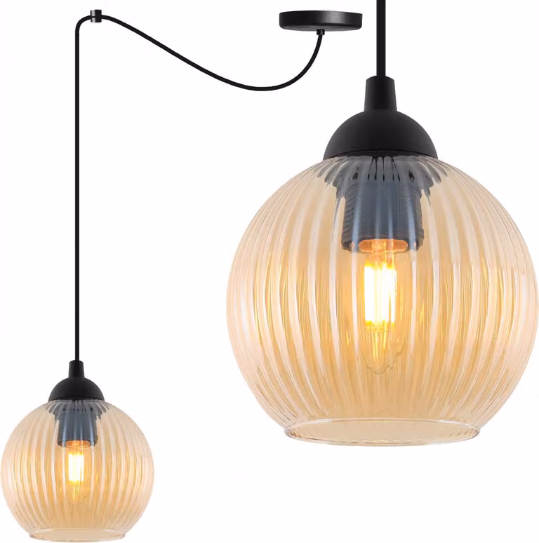 Lampada a sospensione RIFFLE a ragno, nera, a 1 luce, con sfera in vetro color ambra, attacco E27