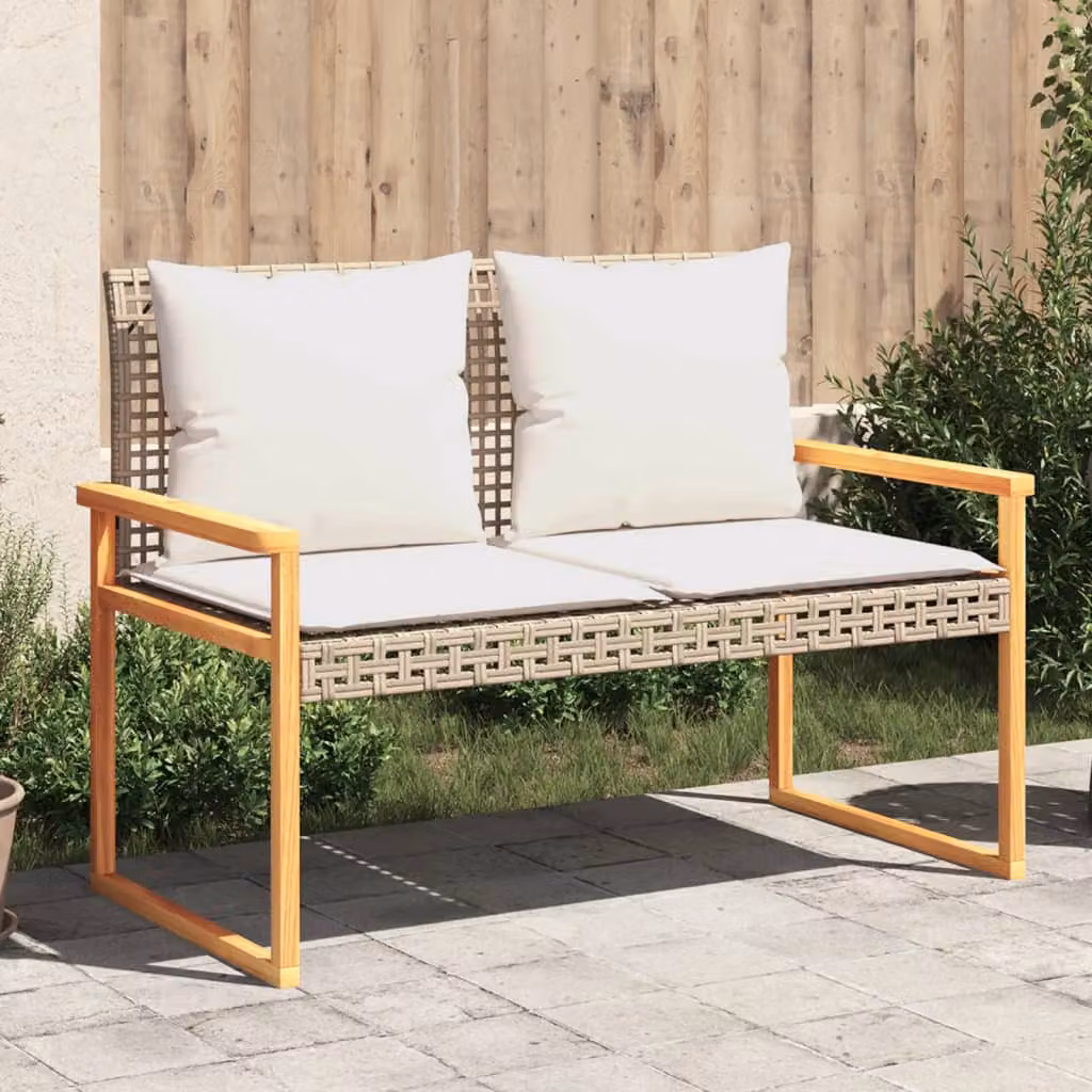 vidaXL Panca da Giardino Moderna con Cuscino in Tessuto Beige, Struttura in Legno di Acacia e Polyrattan