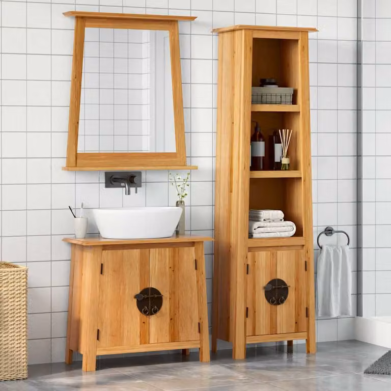Set di mobili da bagno vidaXL in legno di pino marrone stile vintage composto da mobile lavabo, armadio alto e pensile con specchio
