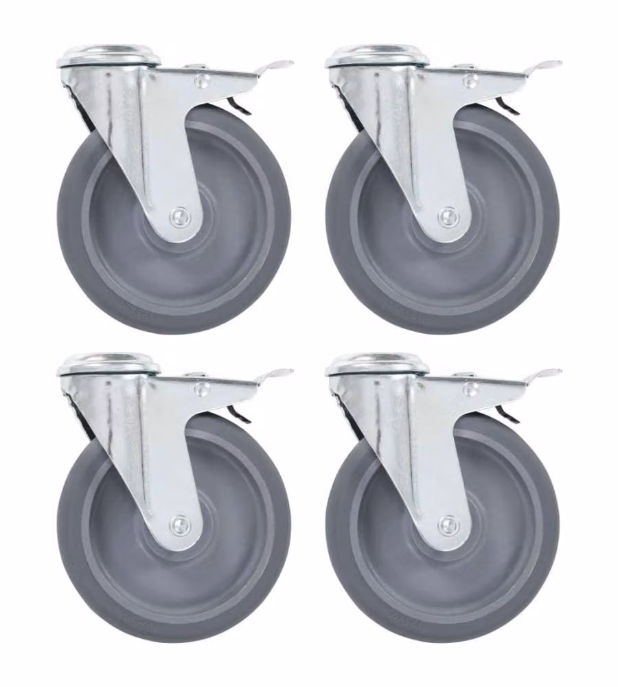 Ruote Girevoli con Foro per Bulloni e Doppio Freno 4 pz 125 mm