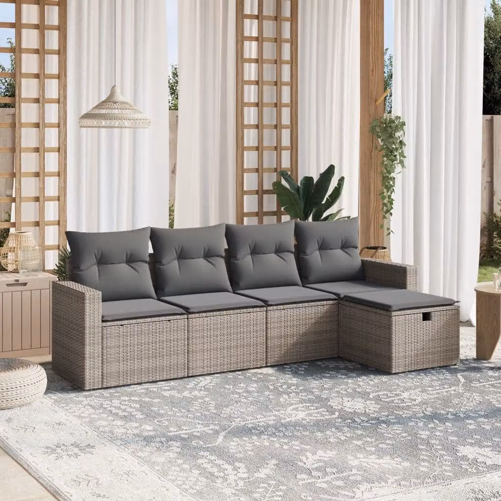 vidaXL Set Divano da Giardino a L 5 pz Grigio con Cuscini in Polyrattan e Struttura in Acciaio – 1