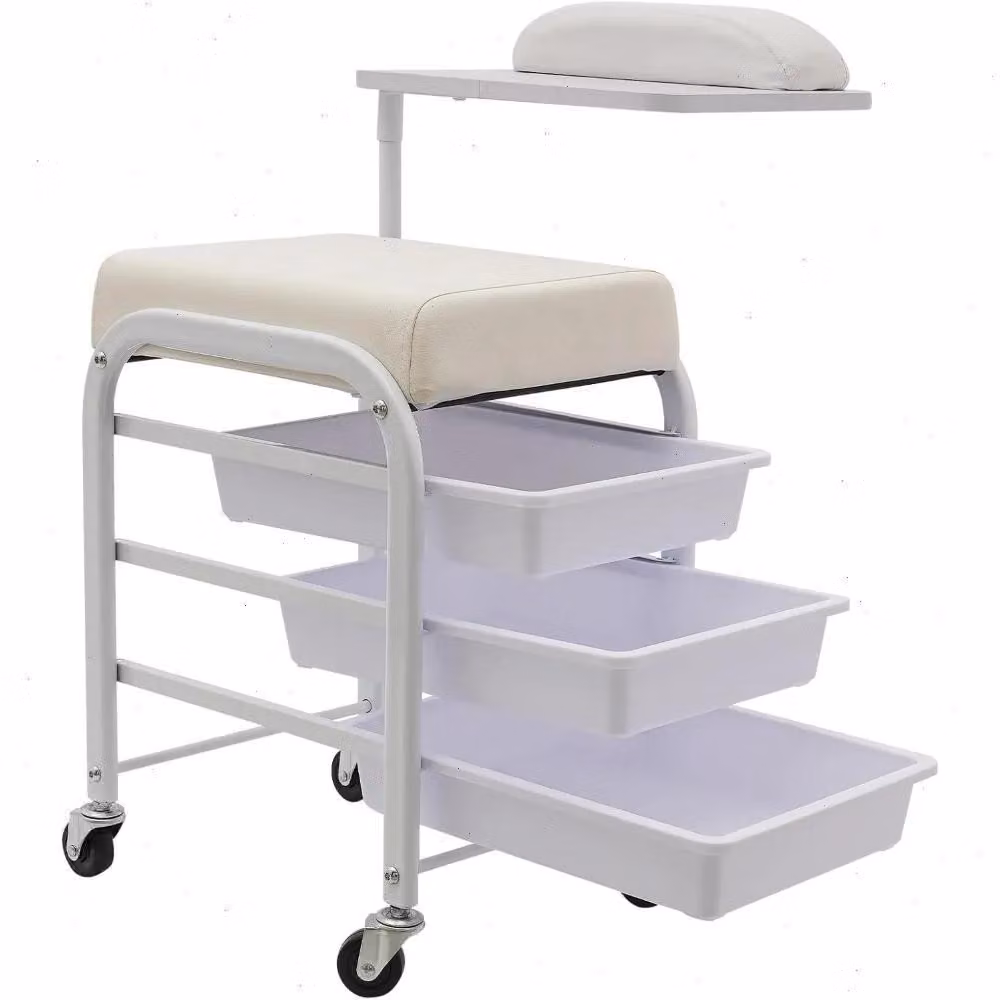 Tavolo da manicure con seduta integrata - Tavolo per manicure - Capacità di carico: 75 kg - 3 cassetti - Poggiamani girevoli - Con ruote - Ideale per saloni di bellezza e centri estetici, colore bianco