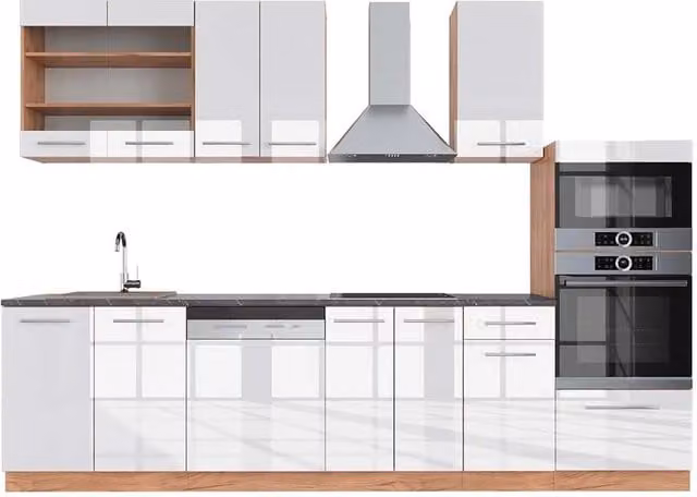 Cucina componibile Fame-Line Bianco lucido/Rovere dorato 300 cm con armadio alto, PL Antracite Vicco