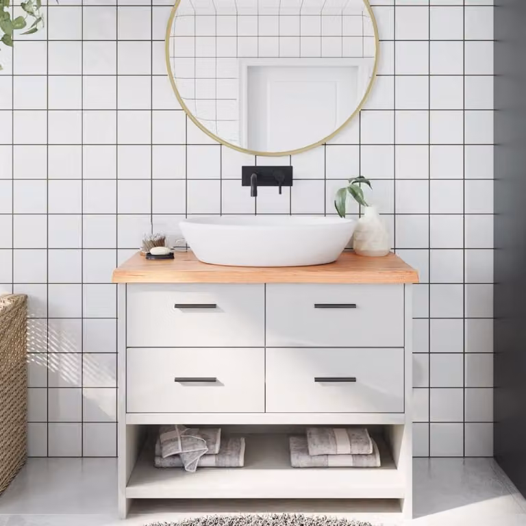 Piano Bagno vidaXL in Legno Massello Trattato e Pietra Naturale, Marrone e Bianco, L 100 cm x P 60 cm x H 2-4 cm