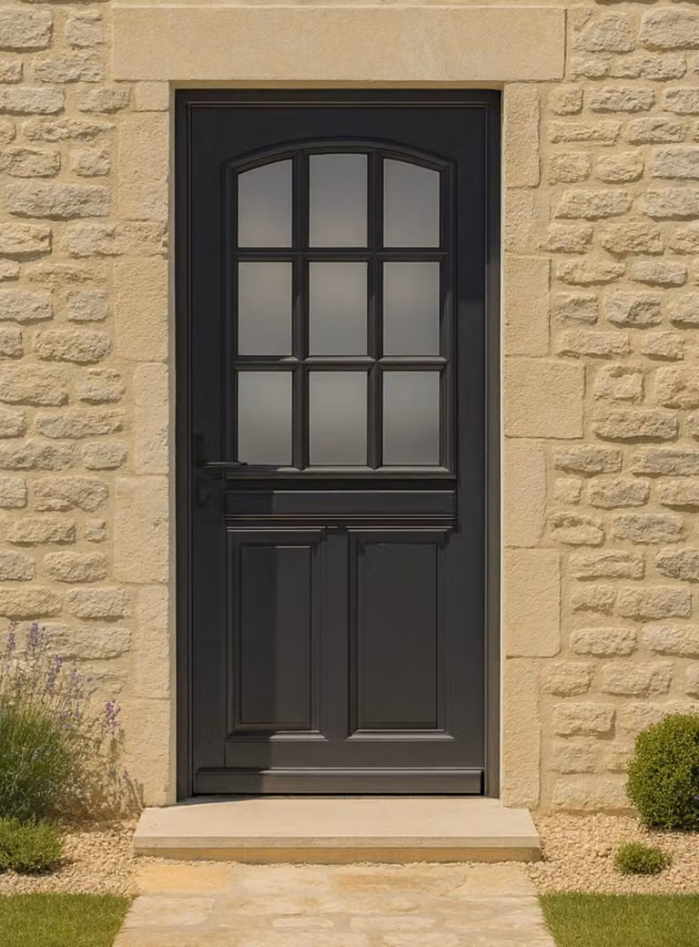 Porta d'ingresso in legno con vetro Alicia Grigio Antracite, H.215xL.80 cm, lato con pannello, a destra, maniglia, cilindro grande, ferramenta