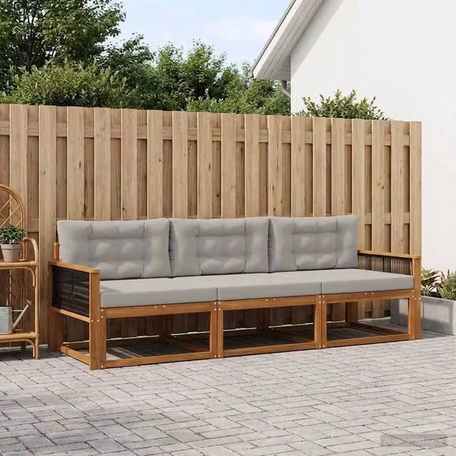 Set di divani da esterno 3 pezzi vidaXL in legno di acacia con cuscini, marrone e grigio