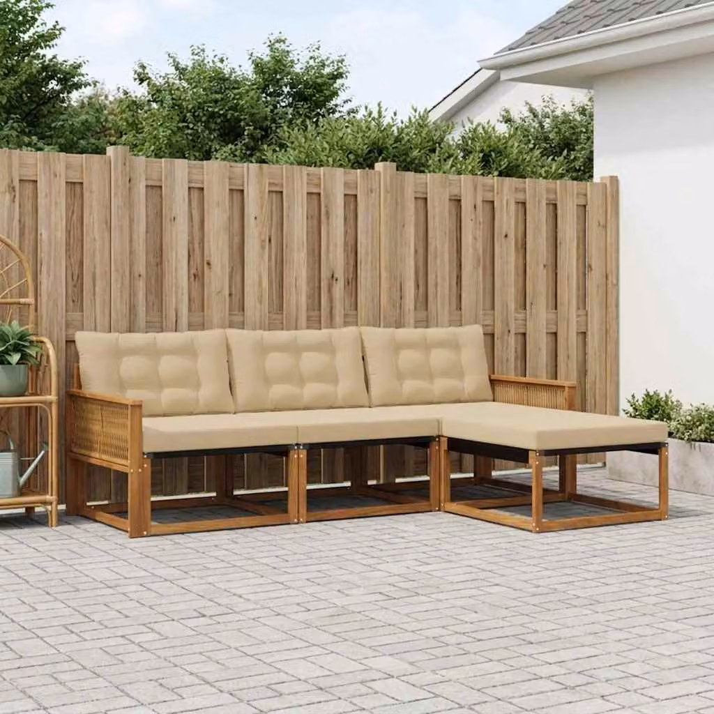 Set di divani da esterno vidaXL 4 pezzi in legno di acacia con cuscini beige e marrone e pouf coordinato