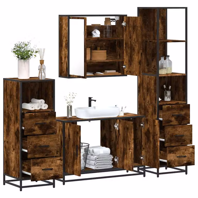Set di mobili da bagno industrial vidaXL in legno e metallo marrone composto da armadietto con specchio, mobile lavabo, mobile laterale e colonna alta