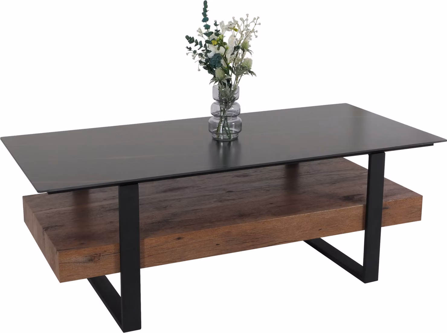 Tavolino HWC-L88, tavolo da salotto, mensola in ferro 43x120x60cm pietra sinterizzata aspetto marmo nero legno testa di moro