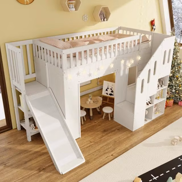 Letto a soppalco per bambini 90×200 cm con scivolo, scala contenitore e luce LED regolabile, senza materasso, bianco