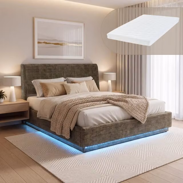 Letto Matrimoniale Contenitore Tröstiar a Luce LED con Materasso 160x200 cm - Effetto Lino Verde [en.casa]