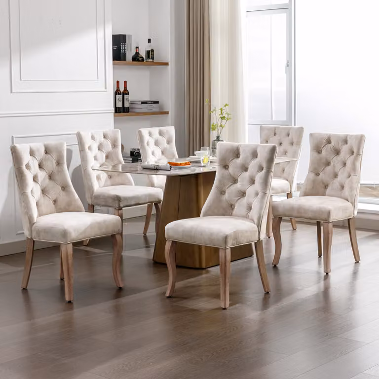okwish Sedia da pranzo a quattro gambe, rivestita in velluto, con schienale alto, comoda e imbottita, con cuciture a bottone. Struttura in legno massello. Colore: beige chiaro (set da 6 pezzi)