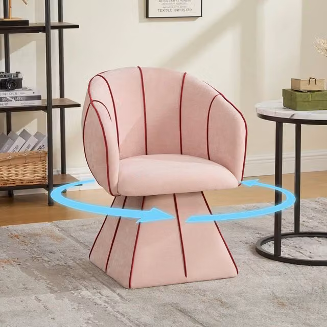 Poltrona Girevole Minimal in Tessuto Chenille Rosa con Schienale Alto per il Relax