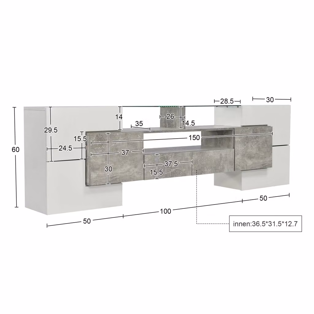 Mobile TV moderno REDOM con illuminazione LED integrata in MDF lucido bianco e grigio L: 200 cm, P: 35 cm, H: 60 cm – 2
