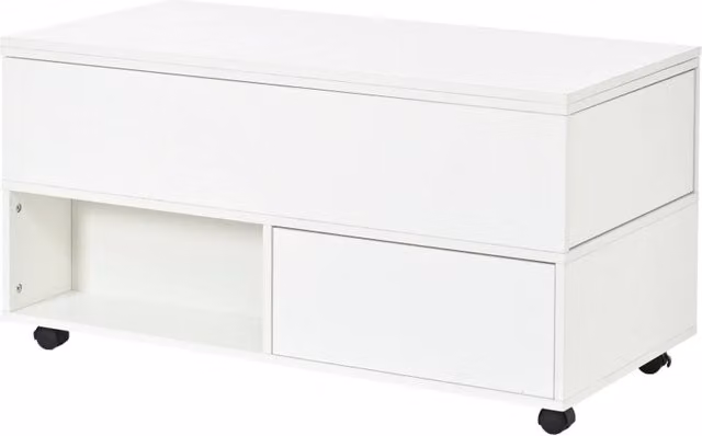 Tavolino multifunzione bianco con piano idraulico regolabile, 4 cassetti e 4 ruote, 100x50x52 cm