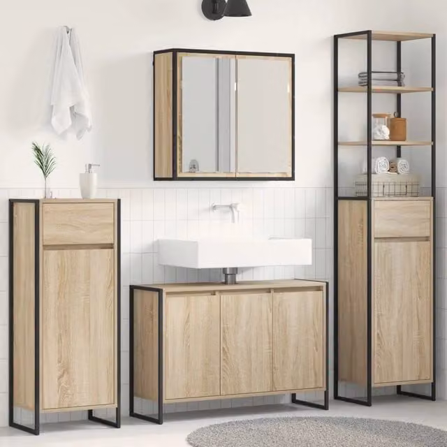 Set di mobili da bagno moderno vidaXL composto da mobile lavabo e pensile con specchio e illuminazione LED in colore marrone