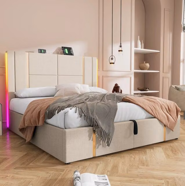 Letto matrimoniale imbottito 140x200 cm con contenitore; LED RGB; USB e Type-C; beige