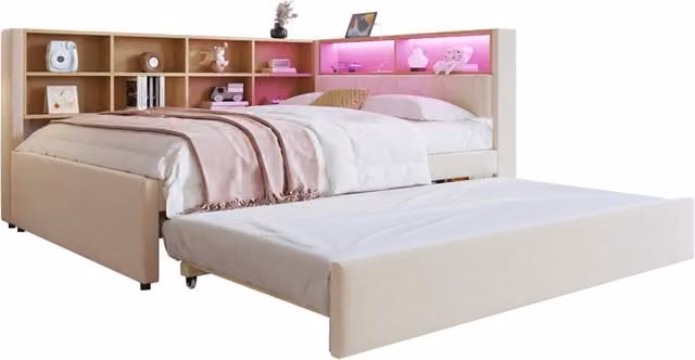 Divano letto 140x200 cm con letto estraibile 90x190 cm beige LED e vani， senza materasso