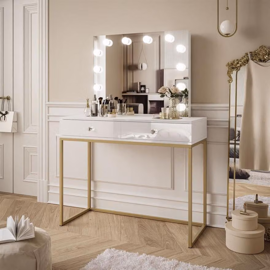Tavolo da trucco BLANCO GOLD ELITE con specchio e illuminazione Oro opaco / Nero lucido, con maniglia in cristallo