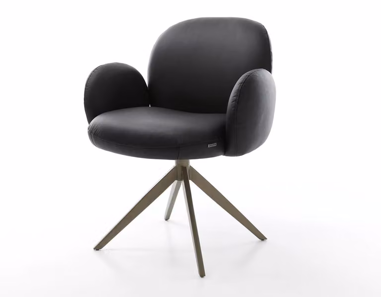 Sedia girevole DELIFE Nube-Flex con braccioli, in vera pelle, colore nero, base a croce ampia con finitura effetto titanio, girevole a 360°, imbottitura in molle insacchettate