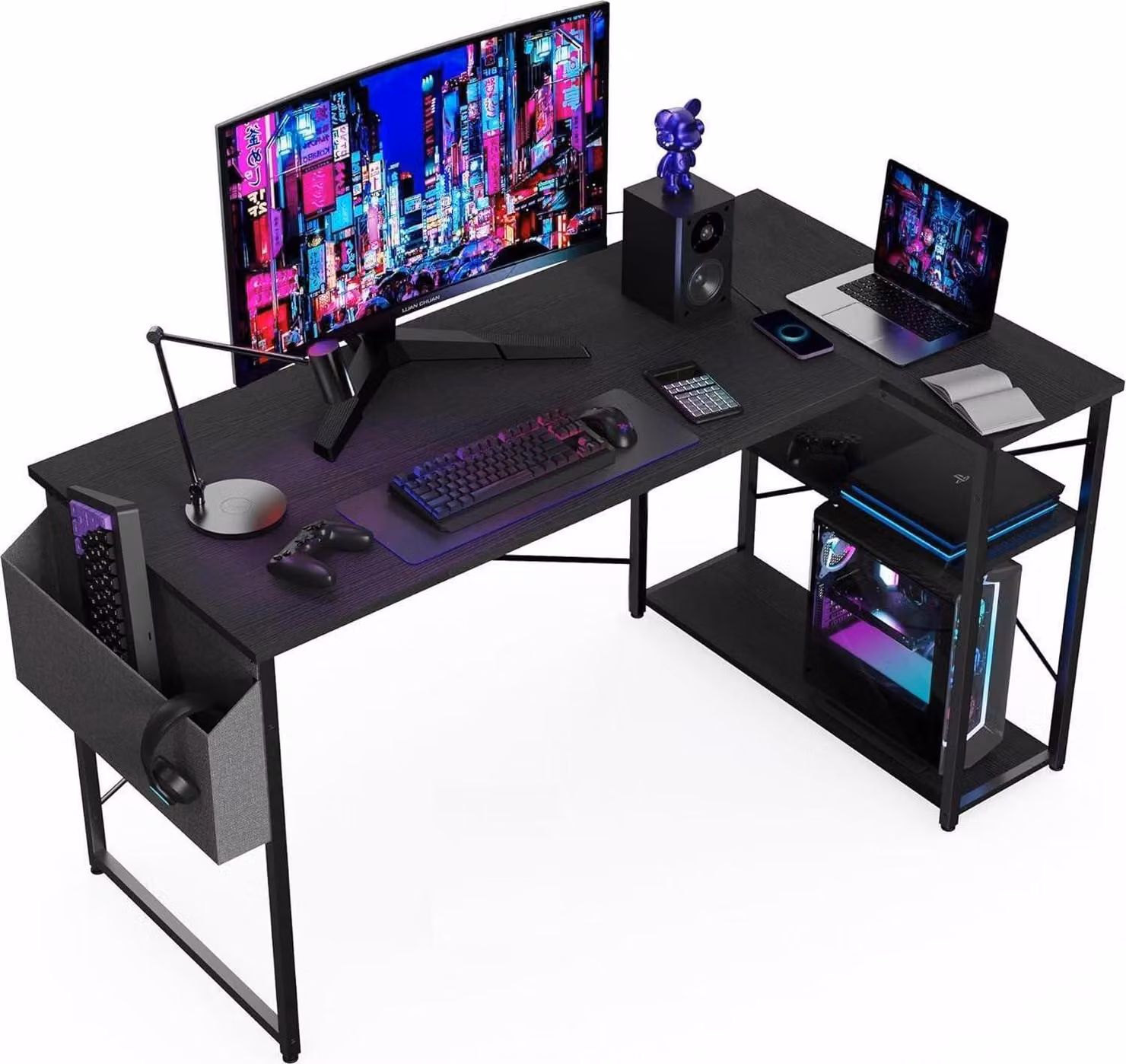 Scrivania da gaming a forma di L, dimensioni 100x70 cm, con vani portaoggetti, colore nero