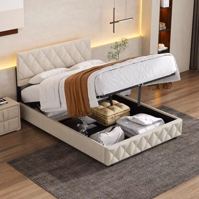 Desviae Letto imbottito 140 × 200 cm in velluto beige con doghe in legno e struttura stabile facile da montare