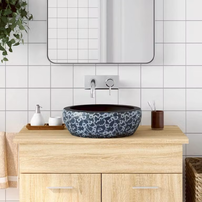 Lavabo da appoggio rotondo vidaXL in ceramica nero e blu, Diametro: 41 cm, Altezza: 14 cm
