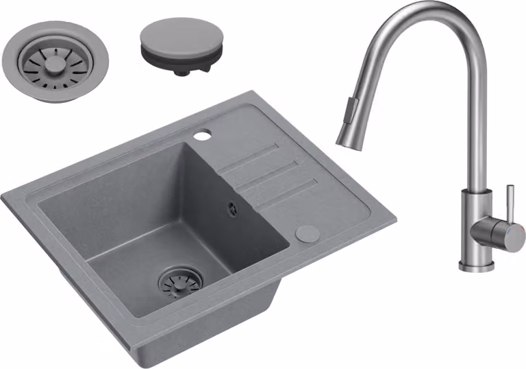 VBChome Lavello Granito Grigio con Rubinetto 55 x 44 cm Lavello da Incasso a Vasca Singola Specchiato Reversibile Granito Grigio Sifone Lavabo Rubinetto Inox
