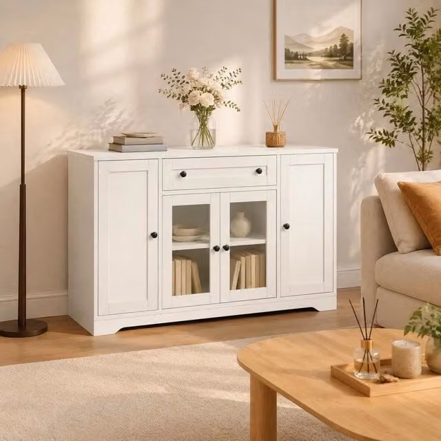 Madia buffet contenitore con 2 ante in vetro, 1 cassetto e ripiani regolabili, credenza in legno per soggiorno, sala da pranzo e ingresso, bianca, 138x40x83 cm, capiente e raffinata