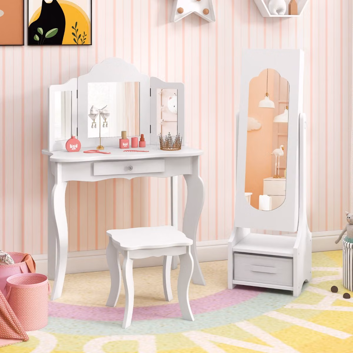 Armadio portagioie Costway per bambine con specchio da toilette, ganci, ripiani e cassetti, Bianco