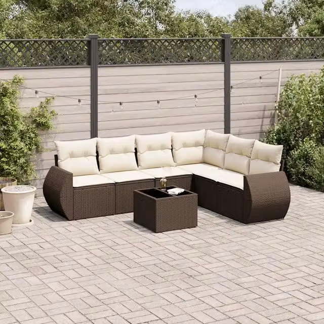 Set Divani da Giardino 7 pz con Cuscini Marrone in Polyrattan 3221422