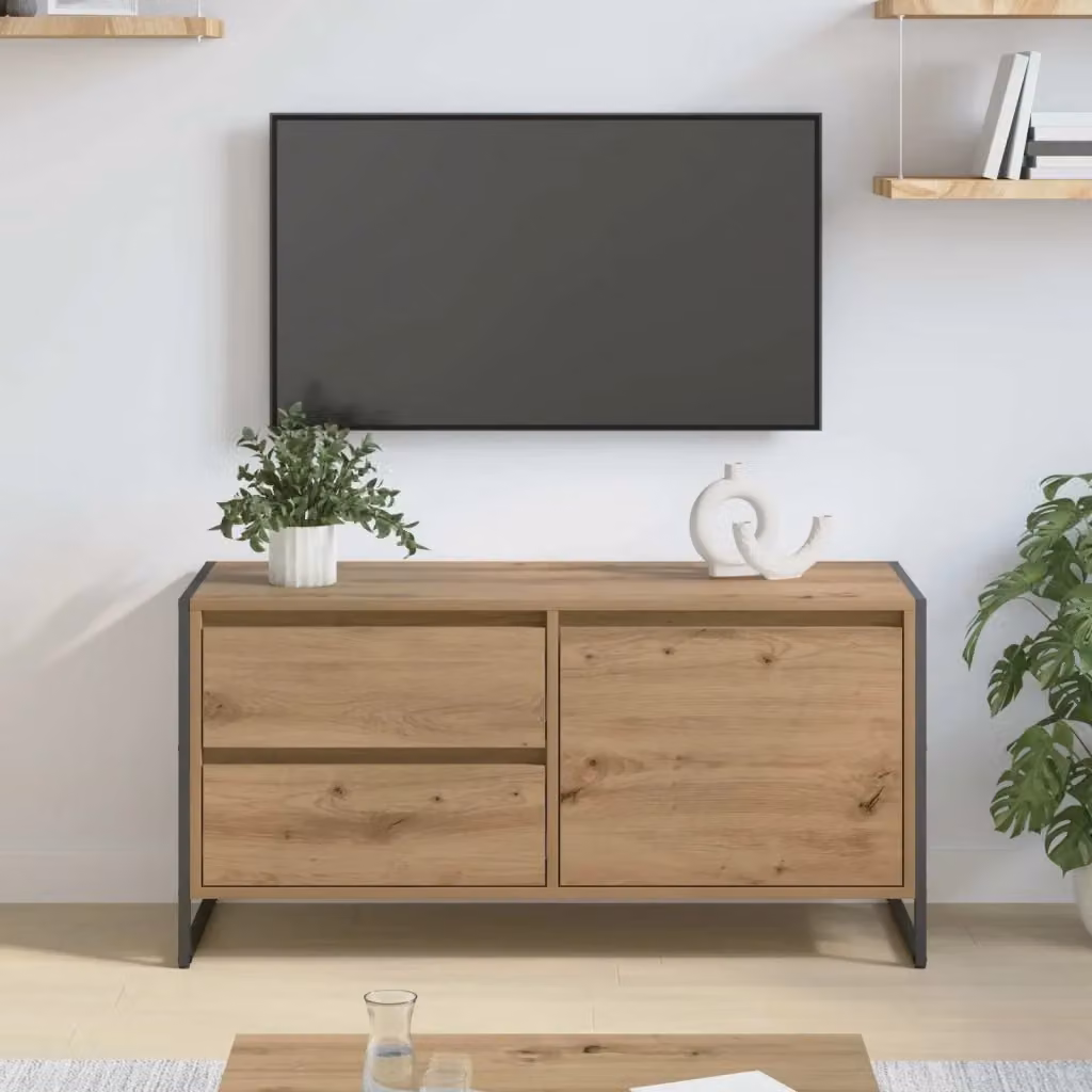 Mobile TV in stile industrial in legno di rovere marrone con cassetto, L: 100 cm, P: 36 cm, H: 49.5 cm – 2