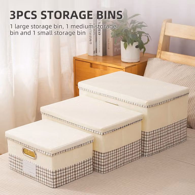 3 contenitori con coperchio, scatole pieghevoli in cotone e lino, organizer pieghevole per armadio, copertura per casa, camera da letto, B