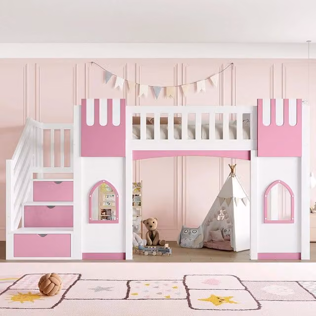Letto mezzanino 90x200cm?- Xylo - scala finestra bianco/rosa
