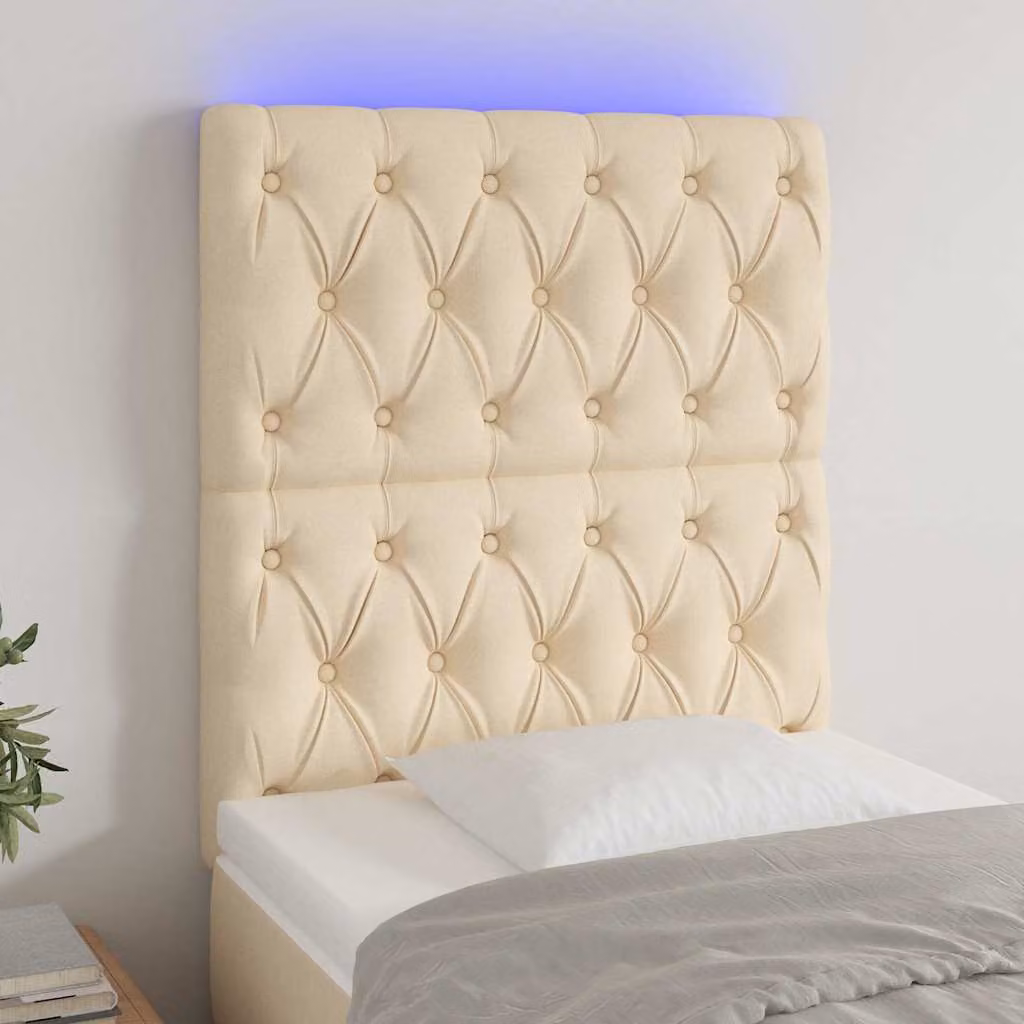 Testiera per letto vidaXL in tessuto beige con illuminazione LED e porta di ricarica USB, L: 80 cm, P: 7 cm, H: 118-128 cm