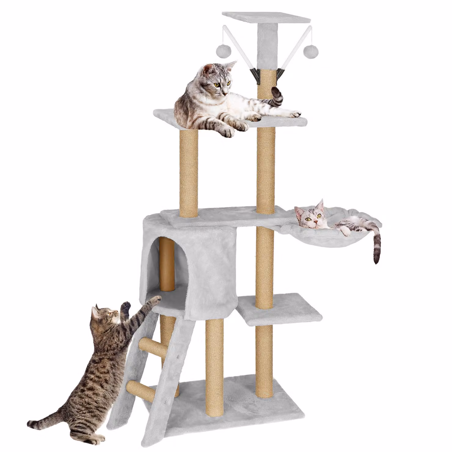 Springos® tiragraffi per gatti Casa per gatti Abbeveratoio per gatti Gioco di pompon Piattaforme 136 cm