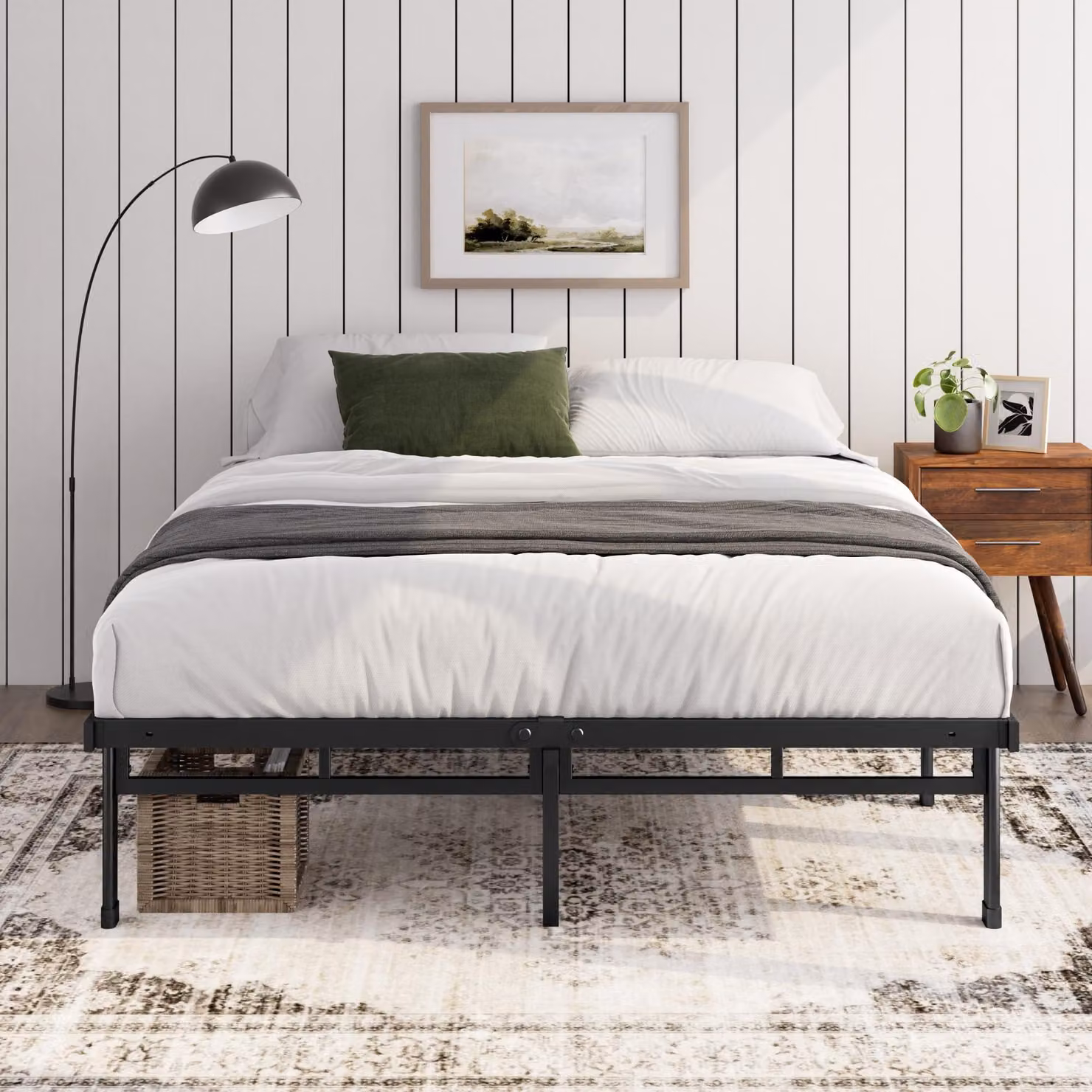 Letto a piattaforma 140x200 cm, in metallo, nero, con spazio contenitore