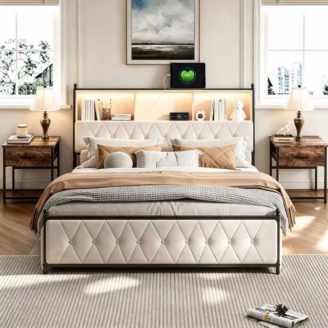 Letto Matrimoniale 140x200 cm;Letto rivestito in velluto con 4 cassetti;Letto contenitore con USB e LED;Beige
