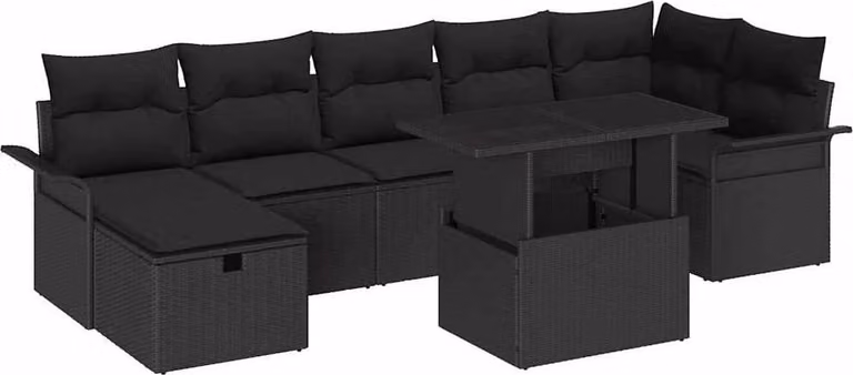 Set Divano da Giardino con cuscino 8 pcs Nero Poly Rattan