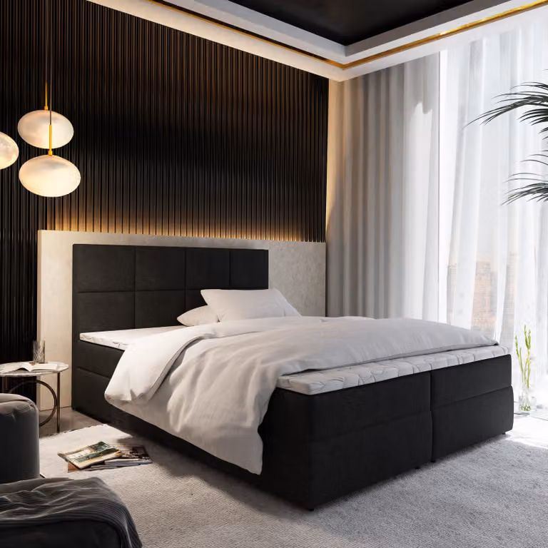 Letto a molle Masseno LENA 140x200 cm completo di materasso e topper Bonell, letto imbottito con cassettiera - nero, COSMIC 100