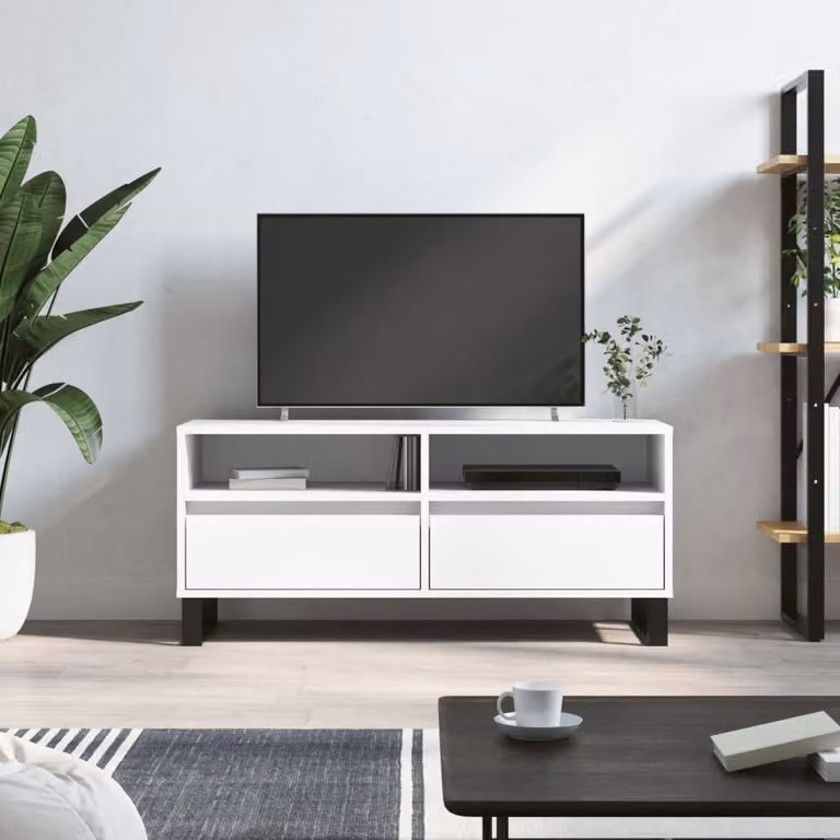 vidaXL Mobile Porta TV Bianco in Legno e Metallo con Ruote L: 100 cm, P: 34,5 cm, H: 44,5 cm